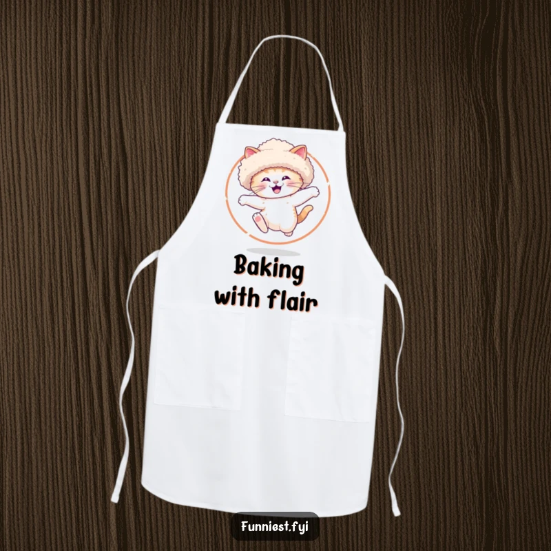 Funny Apron featuring a happy cat in an oversized hat, performing a spectacular jump through a hoop of dazzling sparkles.