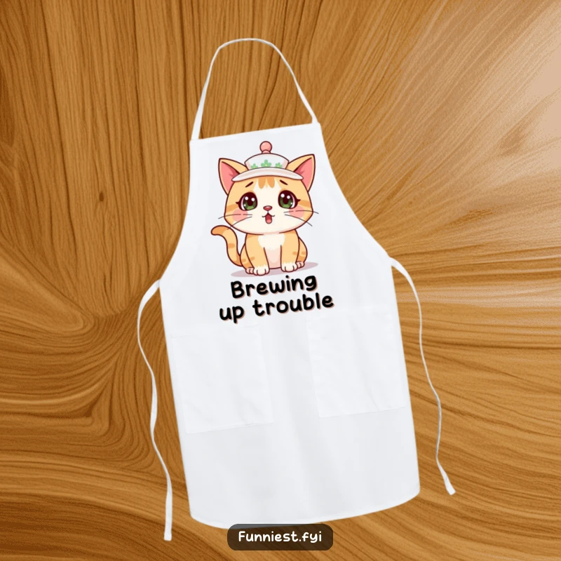 Funny cat character looking surprised while wearing a teacup as a hat, on a practical and humorous apron.
