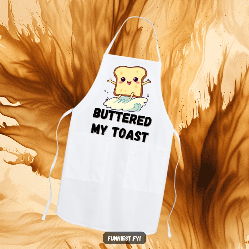 Funny apron depicting a slice of toast with legs surfing a butter wave, adding humorous flair to cooking and baking.