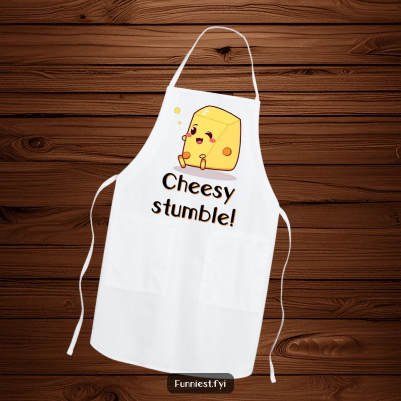 Funny Talking Cheese Pancake Apron: A talking cheese wedge tripping over its own feet, ideal for humorous cooking tasks.