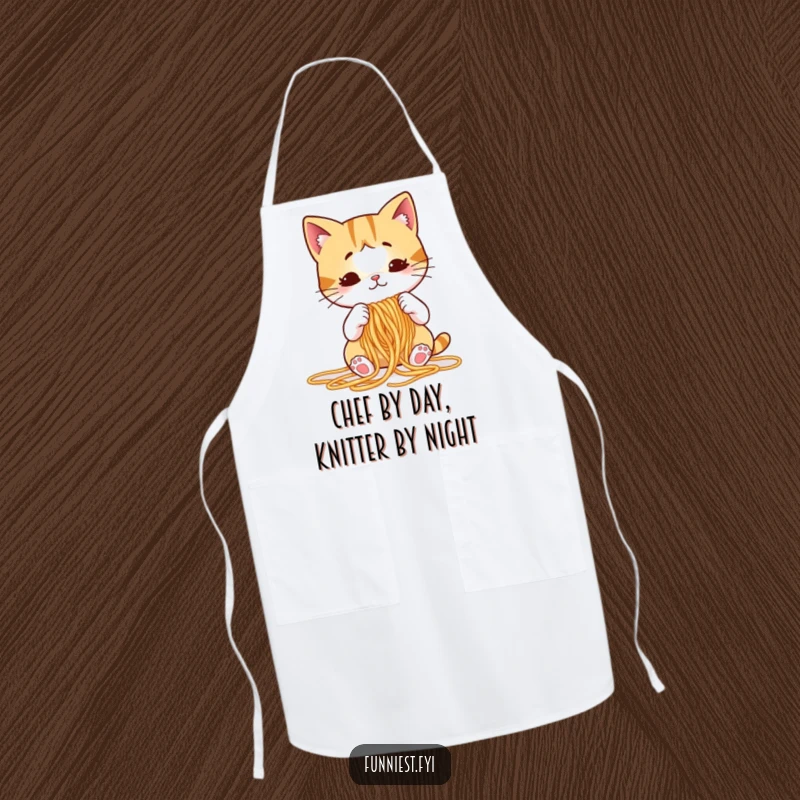 Funny cat apron showing a puzzled cartoon cat hilariously trying to knit with spaghetti noodles, great for kitchen fun.