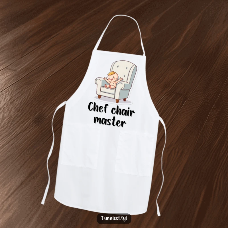Funny Apron showing a tiny person character happily wiggling inside a giant armchair, adding comfort and humor to kitchen tasks.