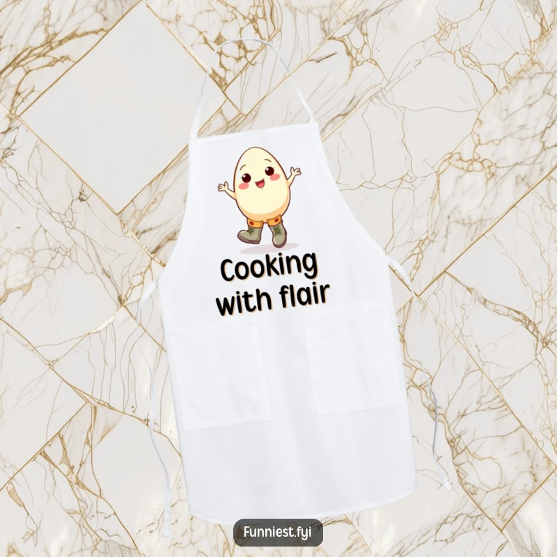 Funny egg apron showing a cheerful cartoon egg character doing a clumsy jig in oversized boots, fantastic for kitchen fun.