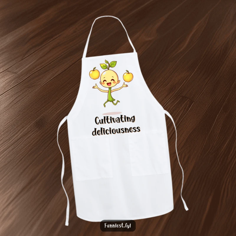 Funny dancing sprout character apron, focused on joyfully juggling three shiny apples while cooking, a vibrant kitchen accessory.
