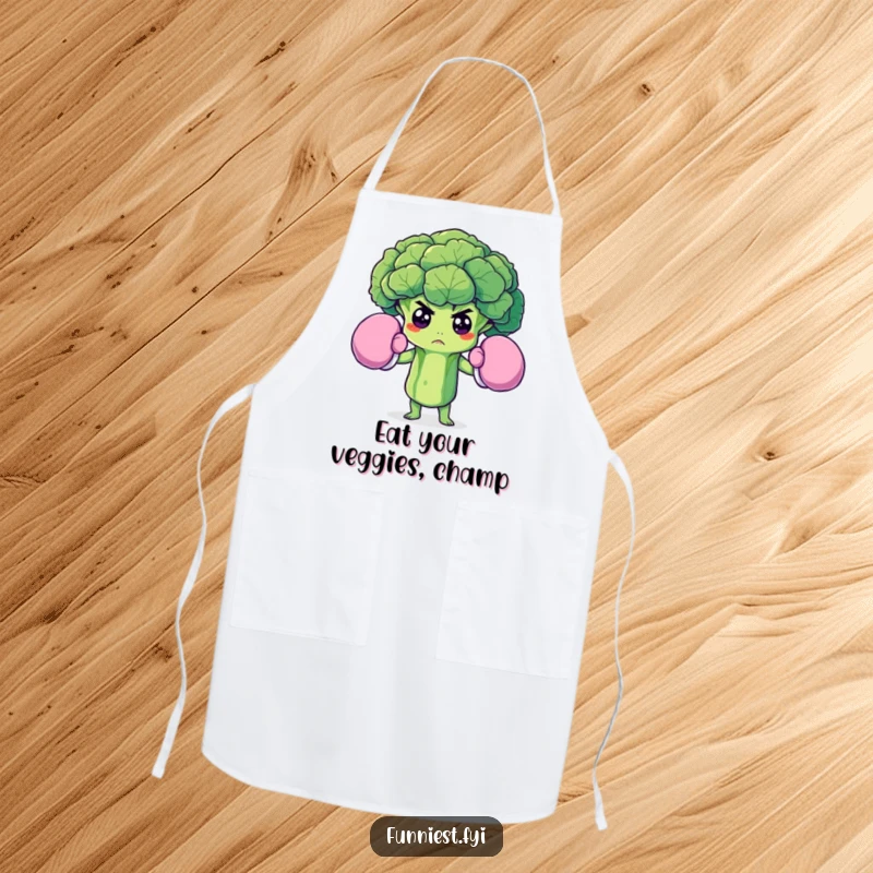 Funny apron print of a determined broccoli floret wearing oversized boxing gloves, designed for cooking fun and healthy eating encouragement.