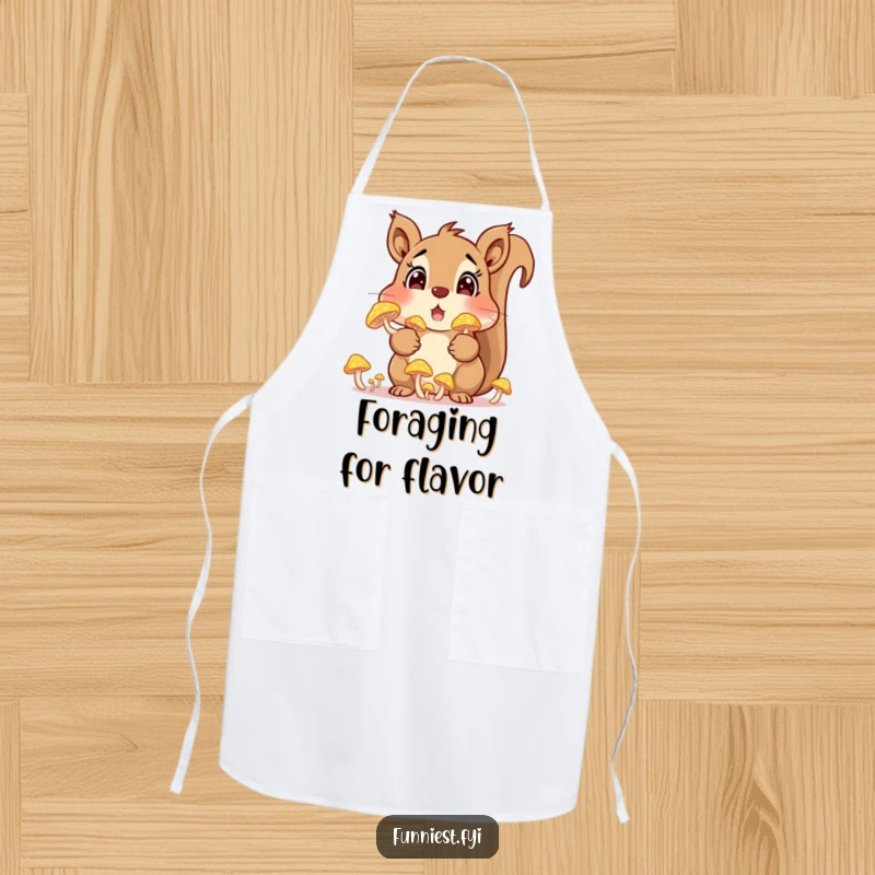 Funny squirrel character with cheeks stuffed with glowing mushrooms while wearing an apron, adding whimsical humor to kitchen activities, a delightful gift.
