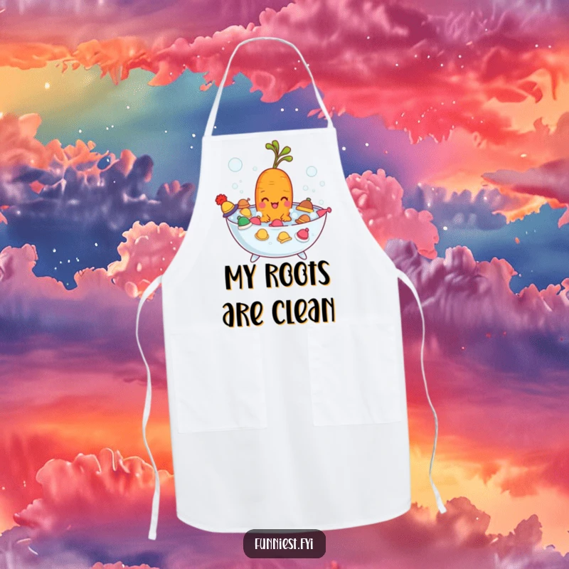 Funny carrot character in a bubble bath with tiny hats, a humorous and practical apron for cooking enthusiasts.