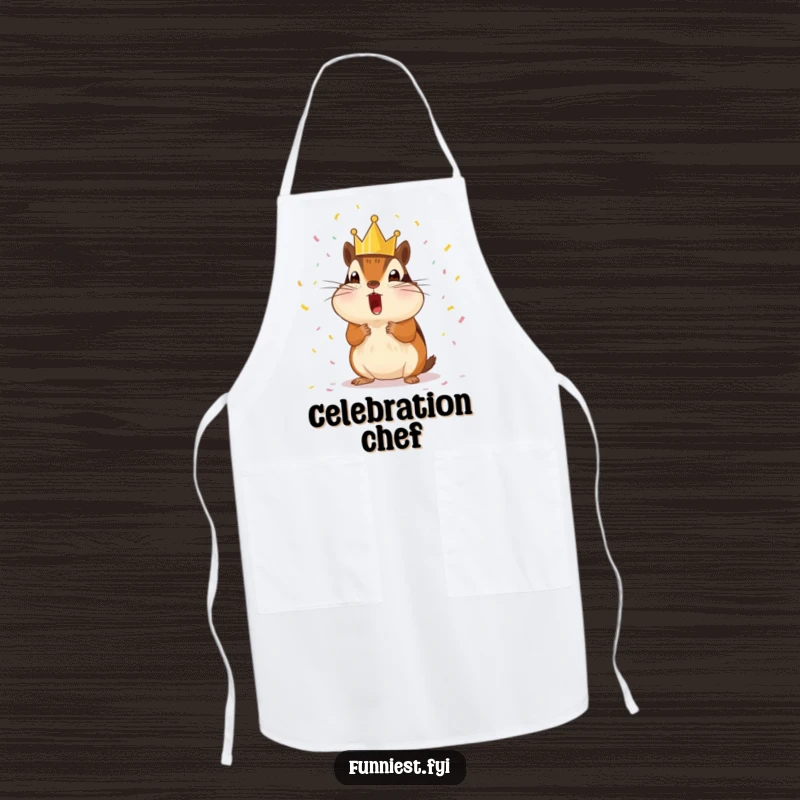 Funny surprised chipmunk wearing a tiny crown, showered with tiny confetti, a humorous and practical kitchen apron.