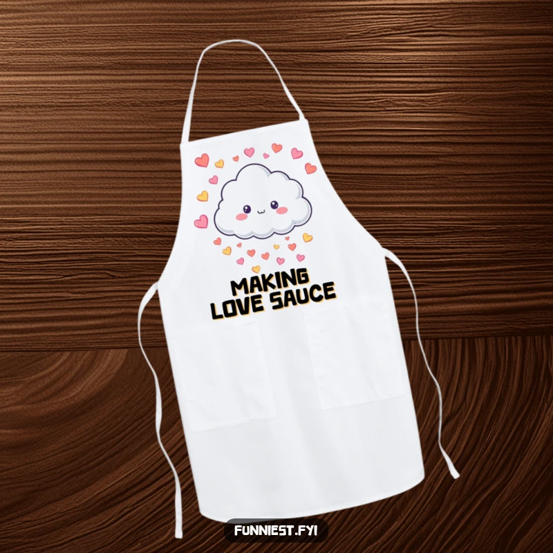 Funny Apron featuring a smiling fluffy cloud character raining colorful hearts, perfect for cooking and spreading joy in the kitchen.