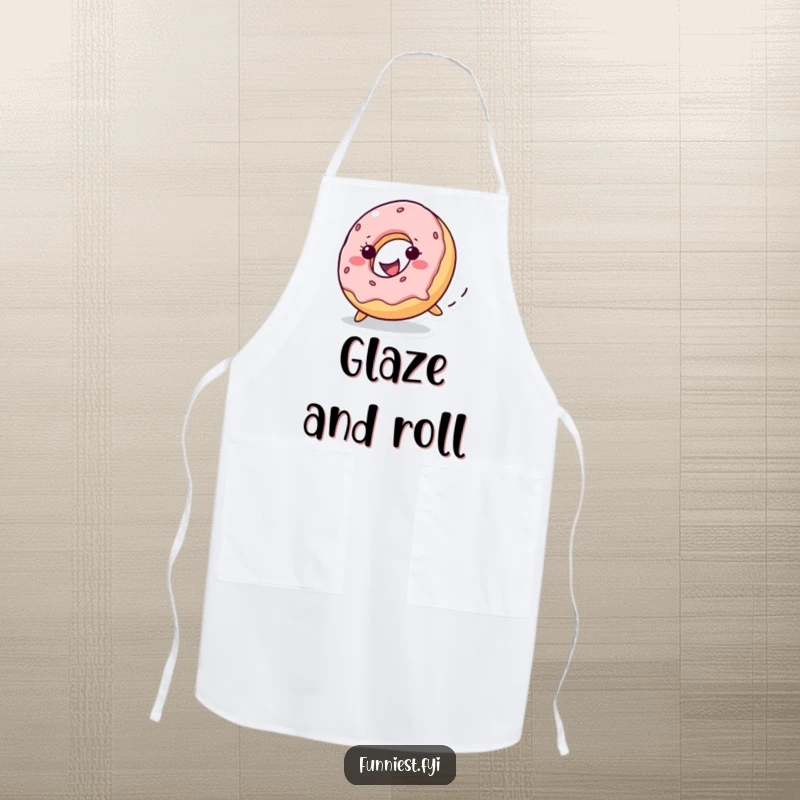 Funny mischievous donut character rolling downhill while wearing an apron, adding sweet humor to kitchen activities, a delightful gift.