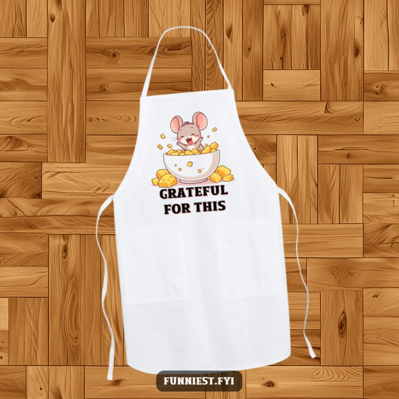 Funny apron with a delighted mouse character diving headfirst into a massive bowl of cheese, perfect for a humorous kitchen or foodie.