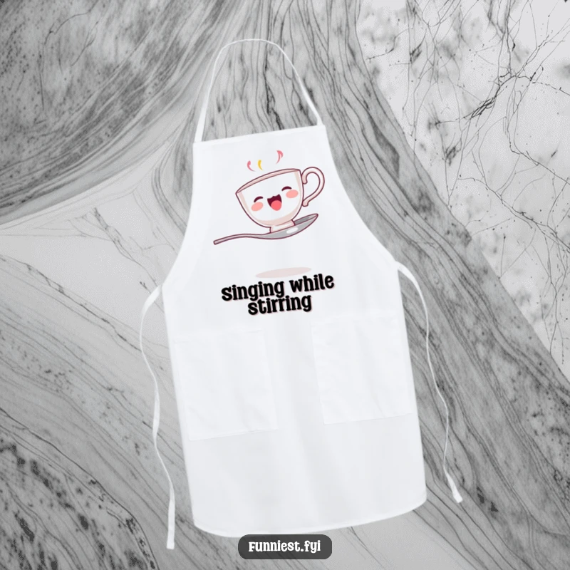 Funny apron depicting a singing teacup balanced on a spoon, a whimsical and practical kitchen accessory.