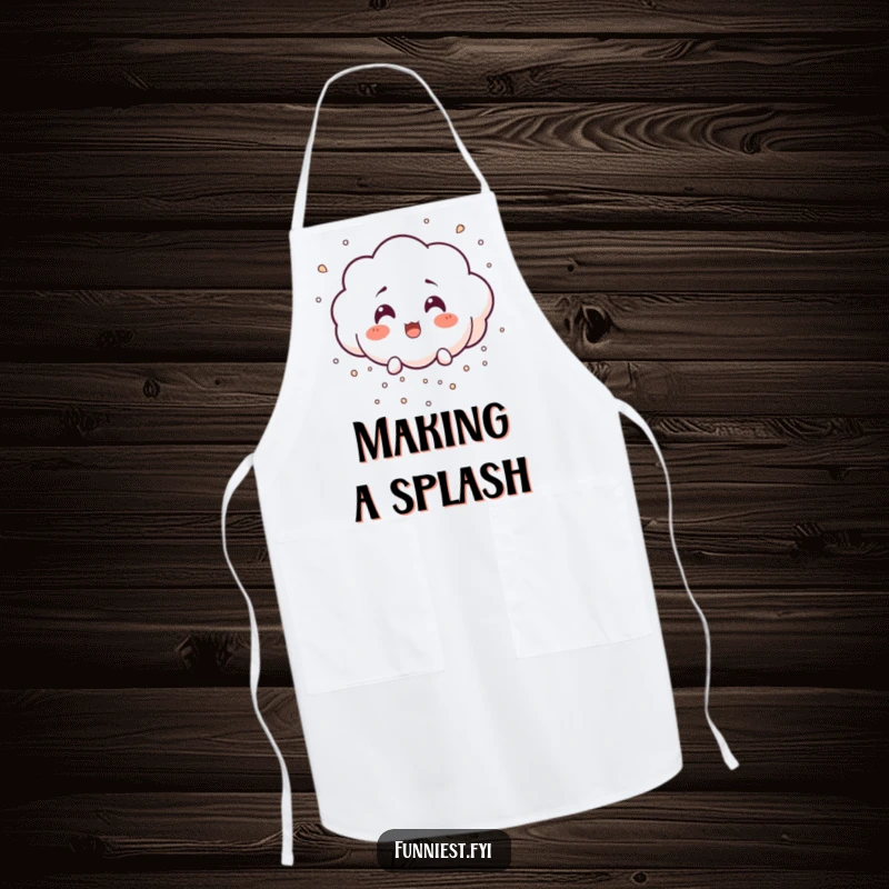 Funny surprised little cloud character raining tiny laughter particles, featured on a practical and funny apron.