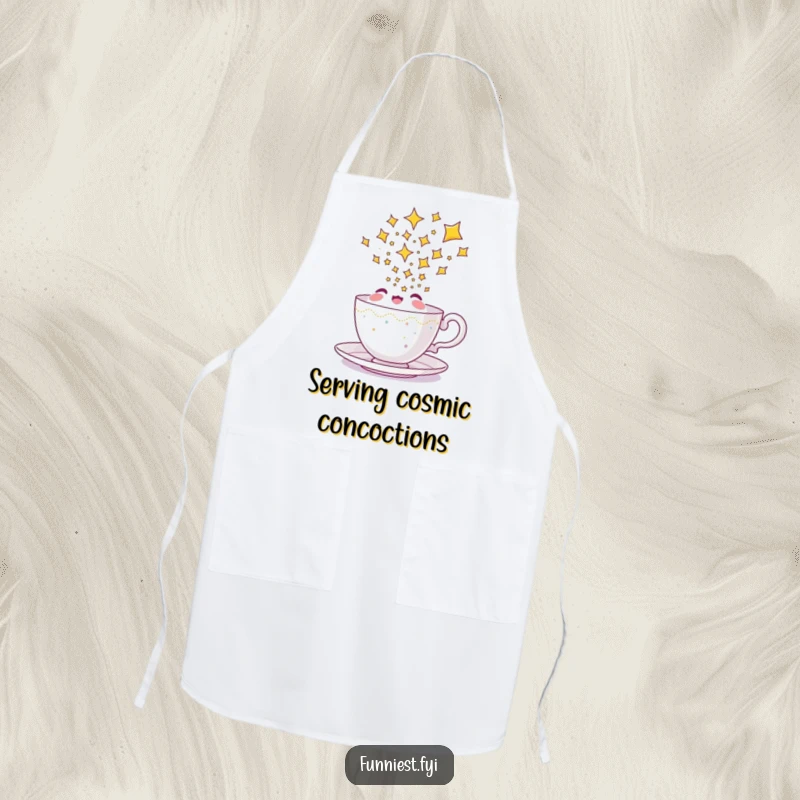 Funny teacup apron featuring a happy character pouring a stream of stars, perfect for a whimsical cooking experience.