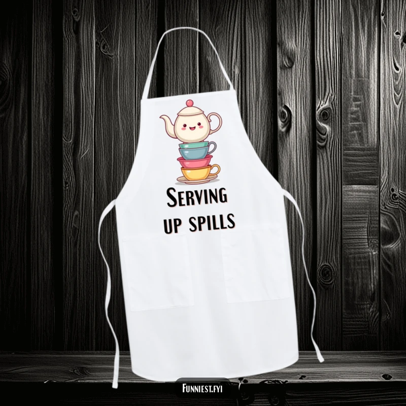 Funny Teapot Balancing Tea Cups Apron: A teapot wobbles with stacked teacups, ready for kitchen duty. A practical and funny gift for home cooks.