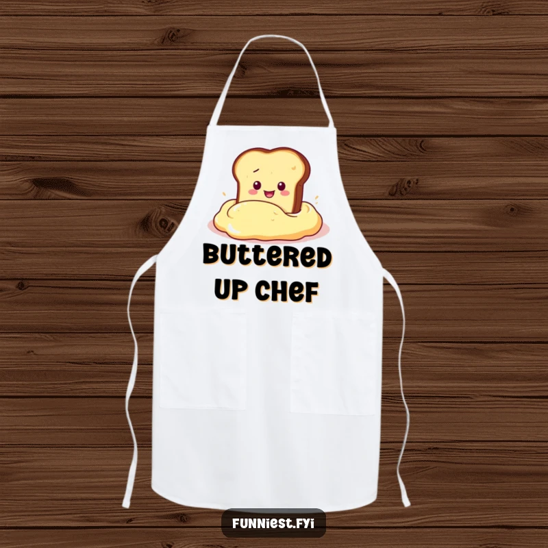 Funny Apron featuring a slice of toast character dramatically diving into a giant butter dollop, perfect for kitchen humor and protection.