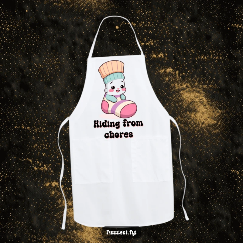 Funny apron showing a small, giggling sock character playfully hiding inside a big, mismatched sock, ready for kitchen fun.