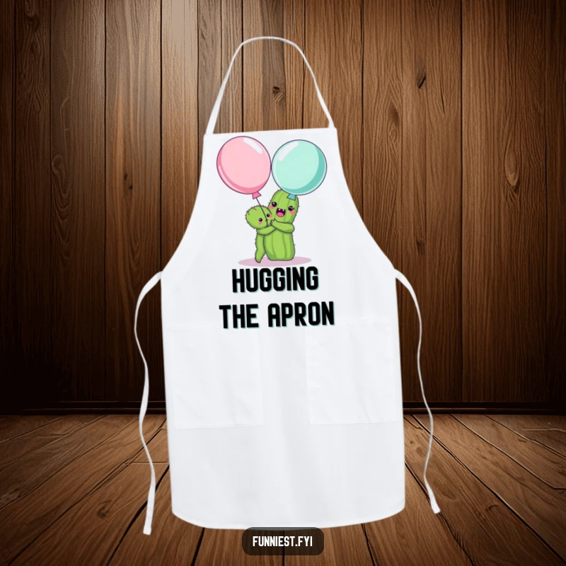 Funny apron showing a happy cactus hugging a surprised balloon, a comical kitchen accessory for cooks and bakers.
