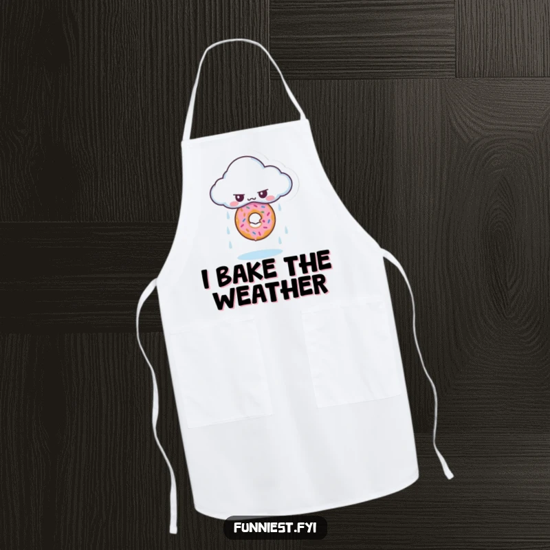 Funny apron with a grumpy cloud character accidentally raining a single, perfect donut, perfect for messy cooks.