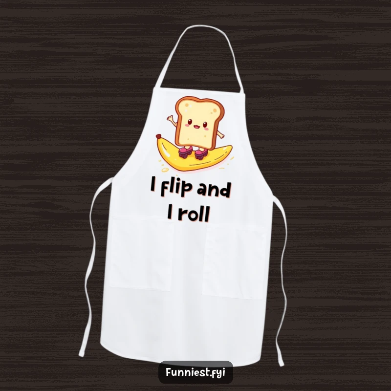Funny apron featuring toast wearing roller skates, facing a slippery banana peel, kitchen essential.