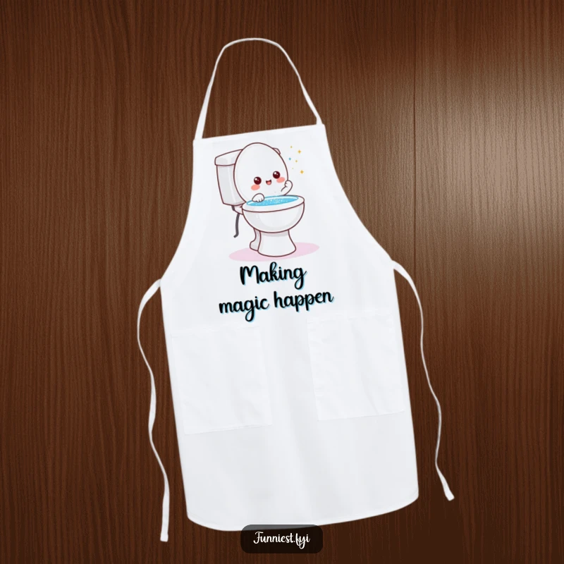 Funny friendly toilet character apron, granting a wish with glitter shooting from the bowl, a magical kitchen accessory.
