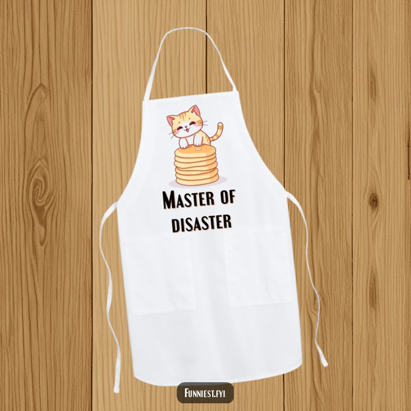 Funny cat character attempting to balance on a stack of pancakes while wearing a chef's hat, on a cooking apron.