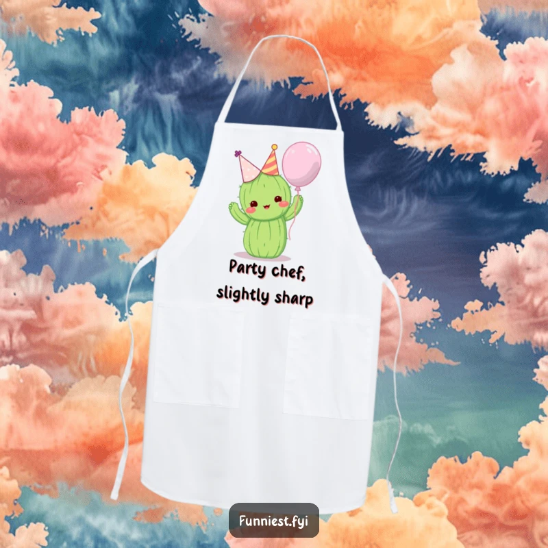 Funny apron with a cute cactus in a party hat attempting to hug a balloon, perfect for messy cooks.