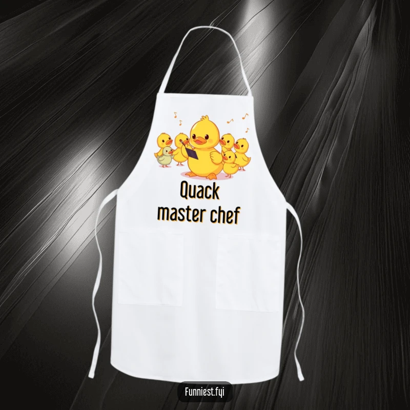 Funny shy rubber ducky conducting a squeaky orchestra on an apron, adding musical humor to kitchen duties.