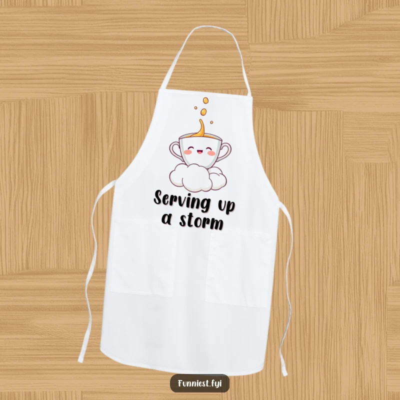 Funny teacup character happily receiving a shower from a cloud, ready for kitchen adventures, on an apron.