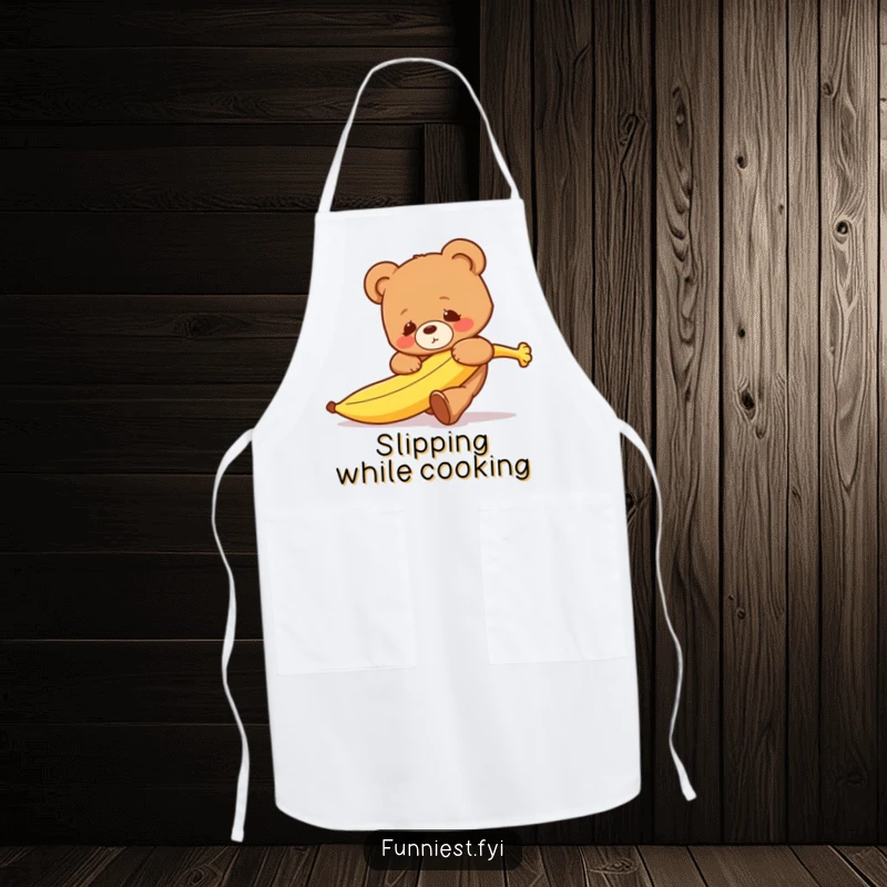 Funny clumsy teddy bear character tripping over a runaway banana on this humorous and practical kitchen apron.