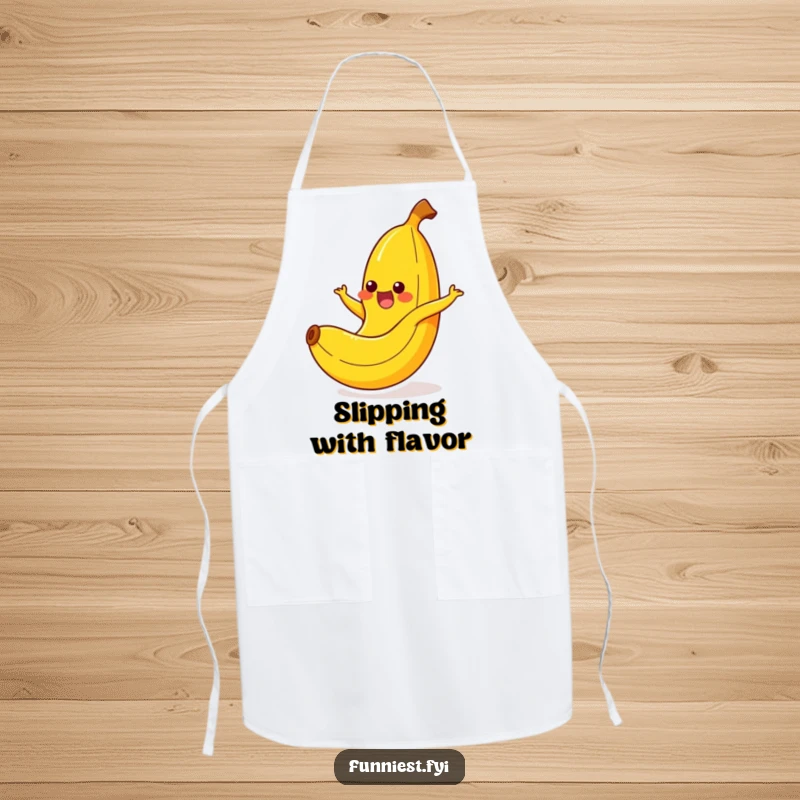 Funny banana character yelping gleefully as it slips comically on its own peel, featured on a practical apron.