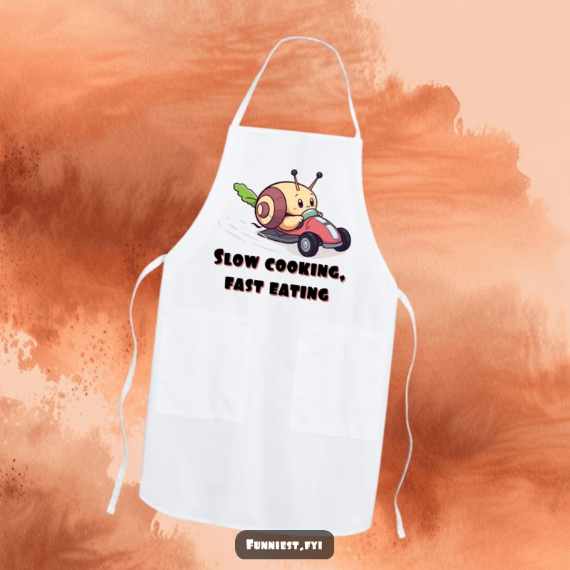 Funny apron with a determined snail character racing a tiny toy car towards a lettuce leaf, perfect for a humorous kitchen or cooking enthusiast.