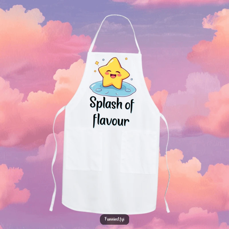 Funny apron featuring a laughing star character winking and falling into a puddle, bringing humor to cooking and kitchen tasks.