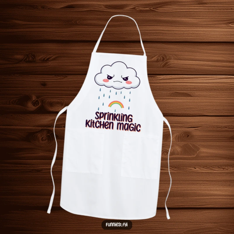 Funny apron showing a grumpy cloud raining a single, tiny rainbow, a humorous and practical item for cooking.