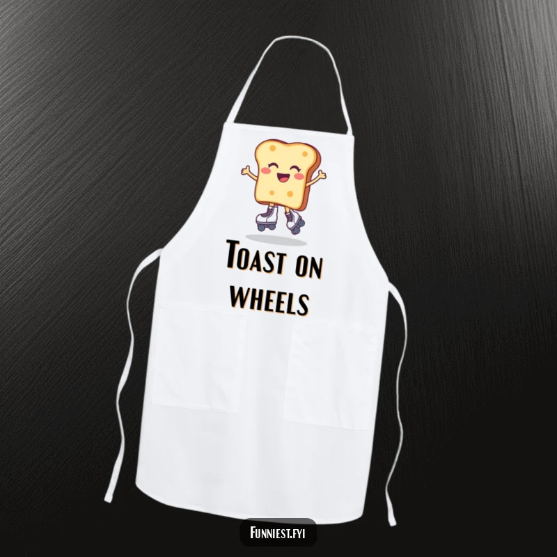 Funny apron showing a toast character joyfully, if awkwardly, wearing roller skates while perhaps attempting to cook. A humorous kitchen essential.