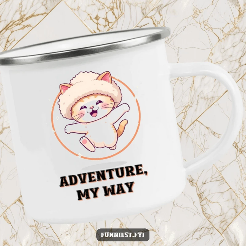 Funny Camping Mug showing a happy cat in a big hat jumping through a hoop of bright sparkles, perfect for outdoor fun.