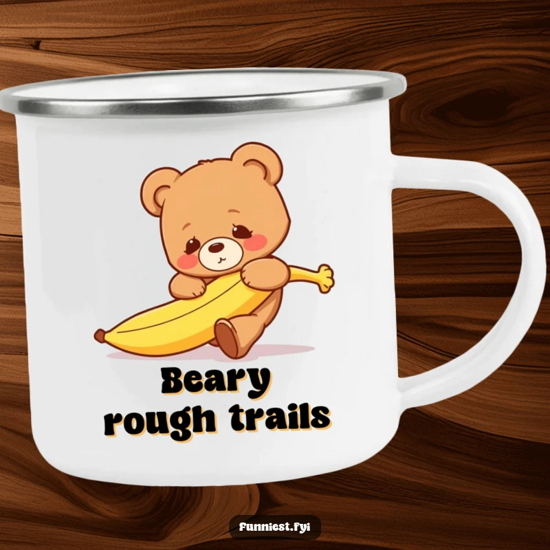 Funny clumsy teddy bear tripping over a runaway banana, ready for adventure on this durable camping mug.
