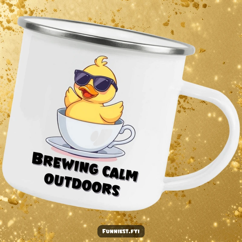 Funny camping mug depicting a rubber duck with sunglasses floating upside down in a teacup, adding humor to outdoor adventures.