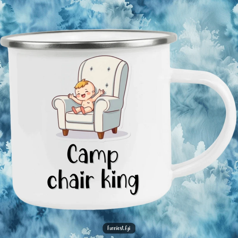Funny Camping Mug showing a tiny person character happily wiggling inside a giant armchair, perfect for cozy outdoor beverage enjoyment.