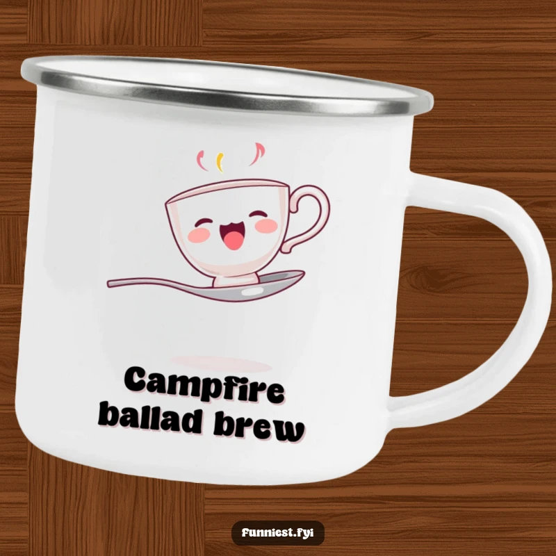 Funny camping mug with a singing teacup balanced on a spoon, perfect for outdoor enthusiasts who enjoy music.