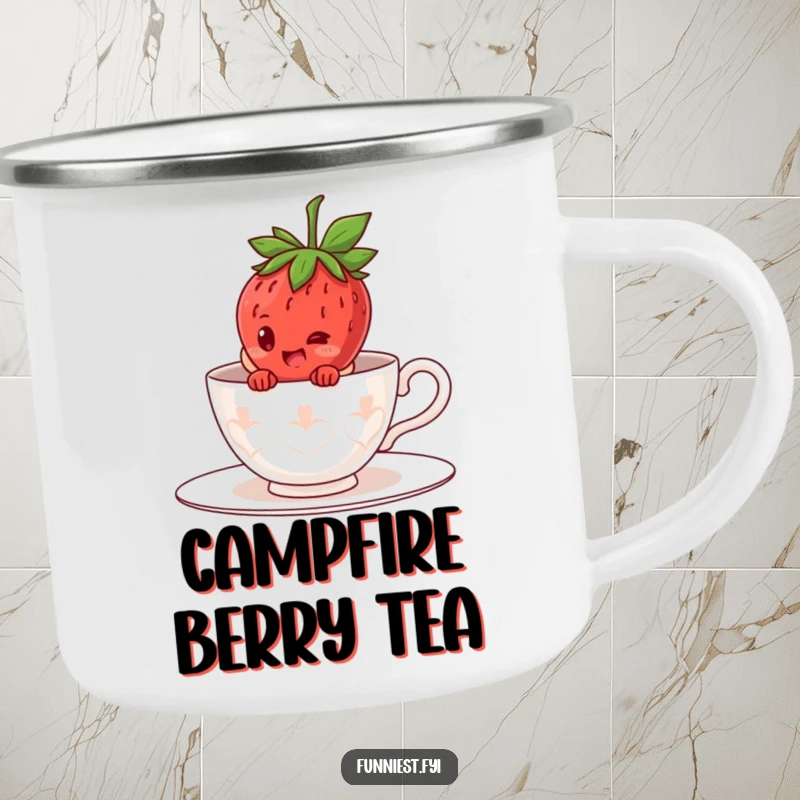 Funny giggling strawberry character camping mug, hiding inside a giant teacup costume, peeking out with a smile.