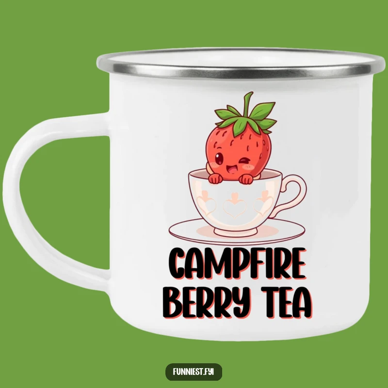 Funny Strawberry Teacup Camping Mug: Giggling Character Hiding Outdoor Drinkware, Gift!