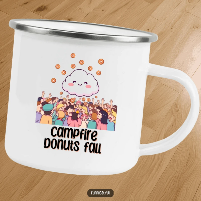 Funny giggling cloud raining tiny donuts onto a cheering crowd, a durable camping mug for outdoor fun.