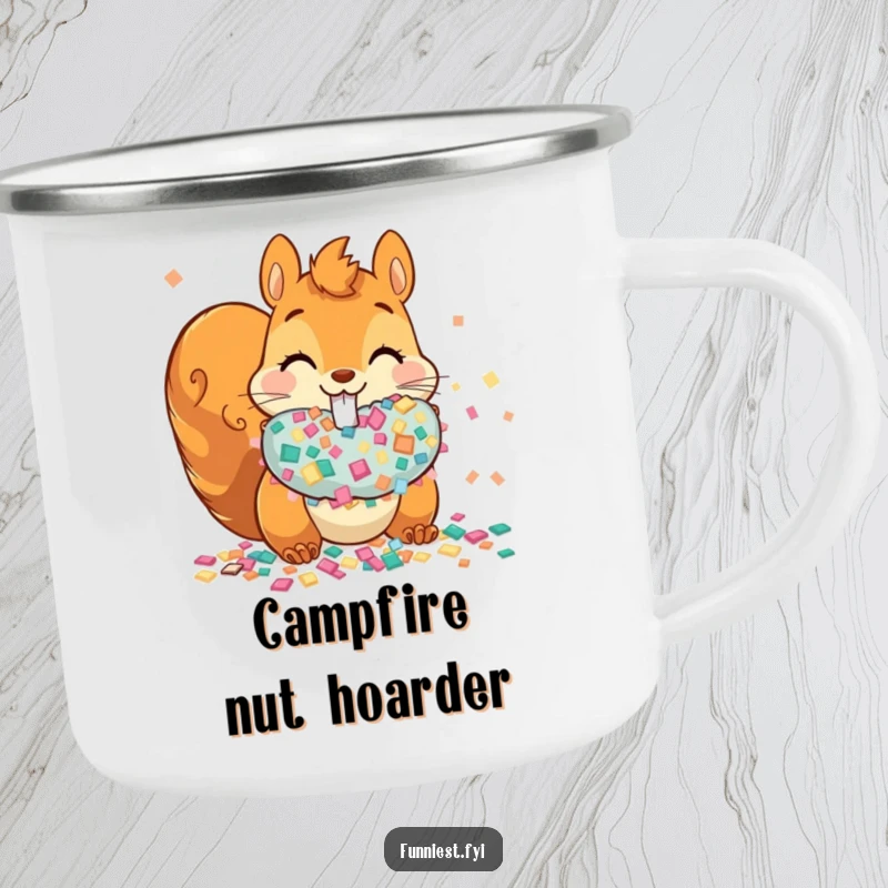 Funny mischievous squirrel with bulging cheeks full of confetti on a camping mug, ready for festive outdoor drinks.