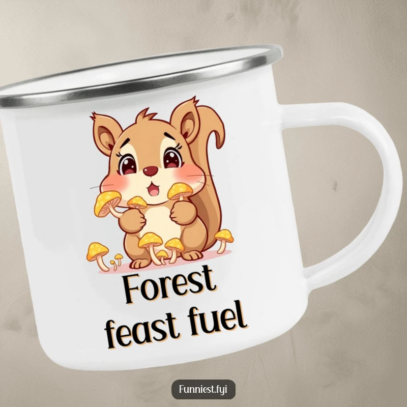 Funny squirrel character with cheeks packed with glowing mushrooms on a durable camping mug, perfect for enjoying drinks with woodland humor.