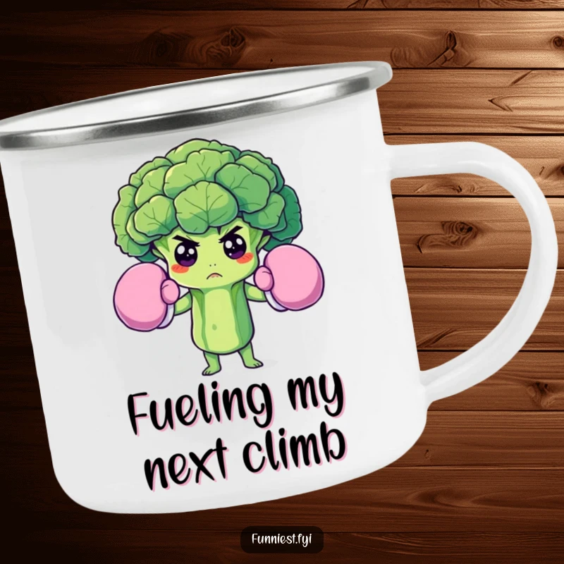 Funny camping mug showing a determined broccoli floret wearing oversized boxing gloves, perfect for rugged adventures and healthy encouragement.