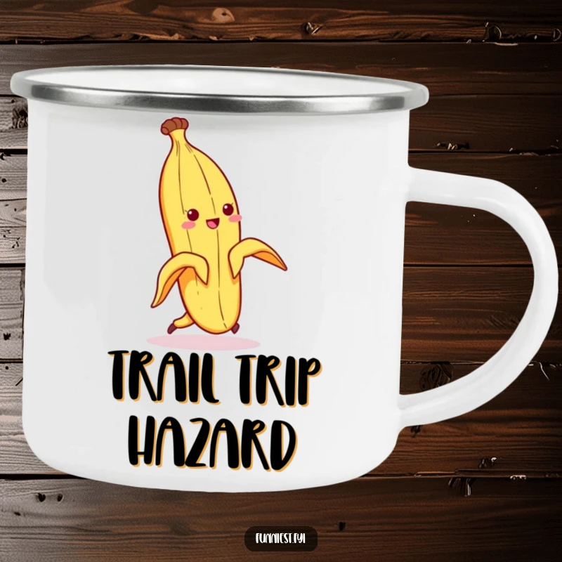 Funny camping mug showing a banana peel character comically slipping on its own peel, perfect for outdoor amusement.