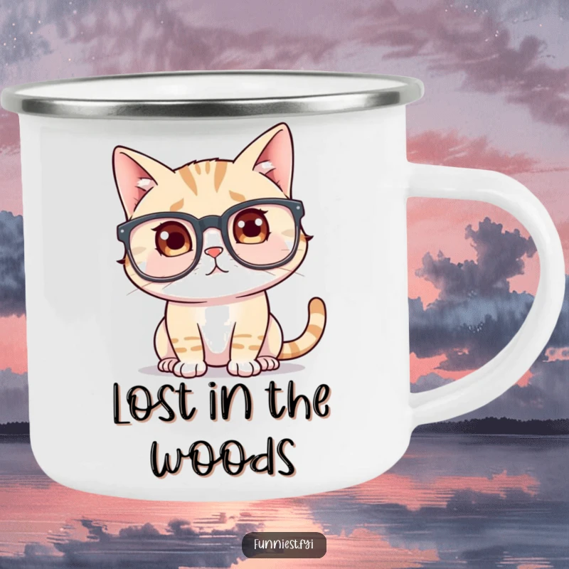 Funny Cat Glasses Camping Mug: A confused cat looks bewildered in oversized glasses on this rugged mug. A fun and funny gift for campers.