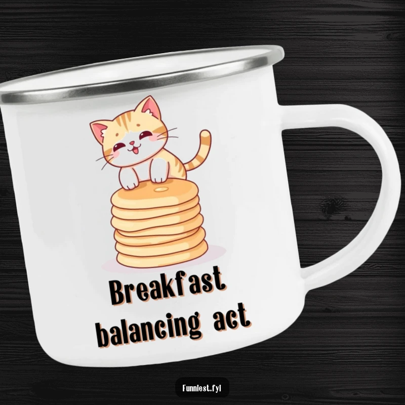 Funny cat character balancing on a stack of pancakes, designed for durability on a camping mug.