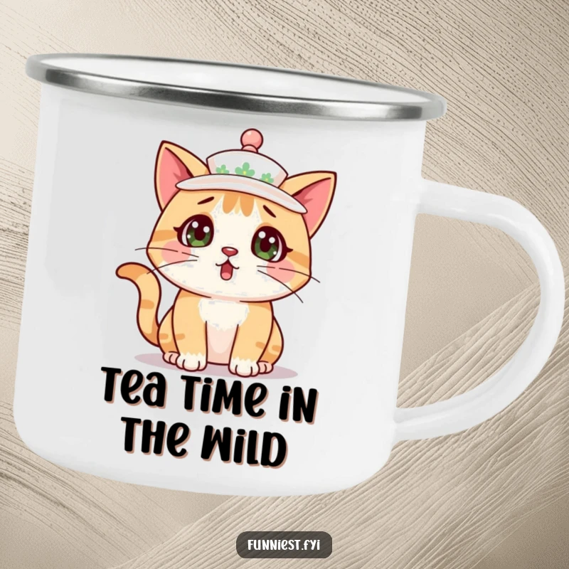 Funny surprised cat wearing a teacup as a hat, ready for adventure on this durable camping mug.